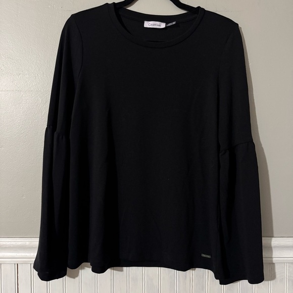 Calvin Klein | Women’s Black Bell Sleeve Round Neck Stretch Blouse Top Size L - Picture 1 of 9